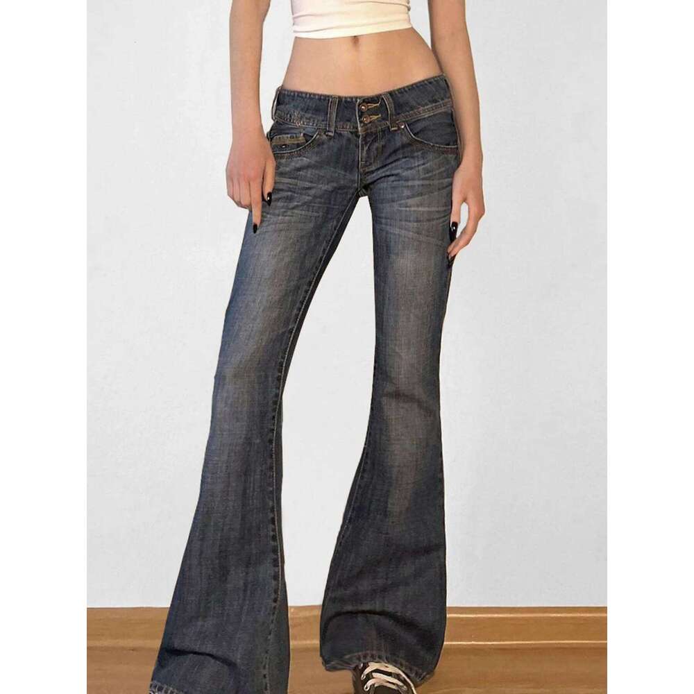 Weekeep Vintage y2k Flared Retro Button-up Low Rise Casual Denim Pants Haruku 2000s Trousers Basic Aesthetic Mom Jeans