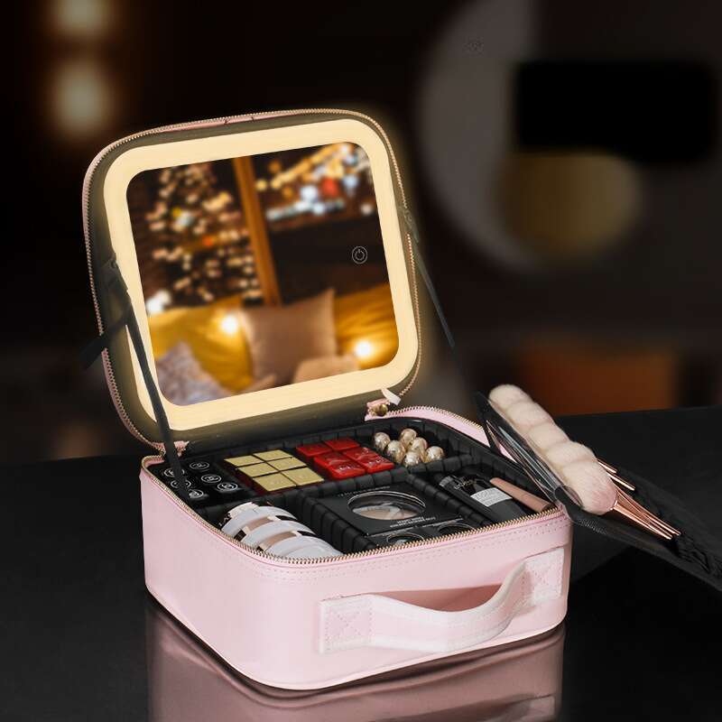 DHcollections Lighted Makeup Case - Large Cosmetic Organizer with LED Mirror, USB Port & Waterproof PU Leather (2 Sizes, Travel-Friendly)