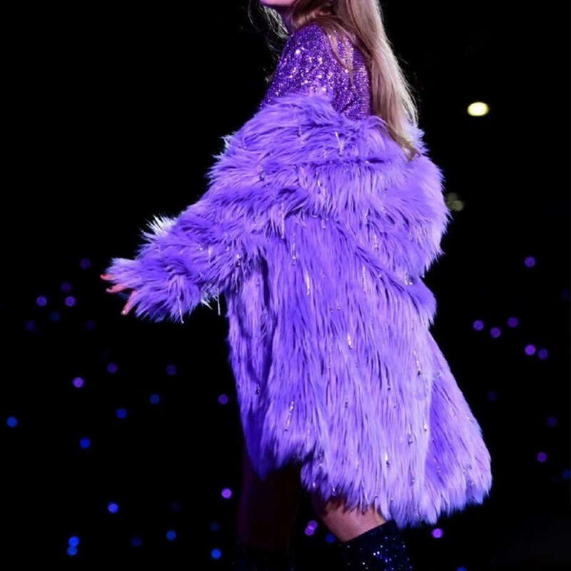 Women Faux Fur Coat 2025 Elegant Chic Purple Celebrity Cardigan Tops Soft Fluffy Warm Long Jacket Fashion Street Party Clothing