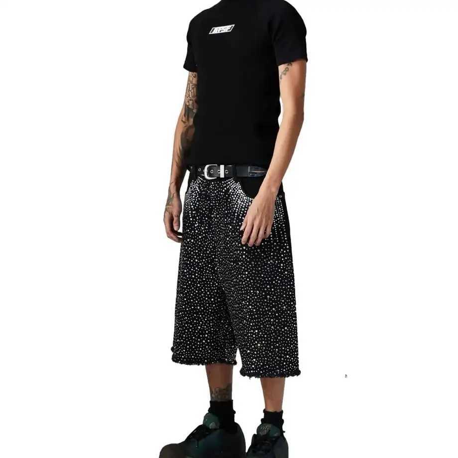 Y2k 2000s Rhinestone Sequin Denim Shorts Jeans Hip Hop Streetwear Mens Baggy Denim Gym Shorts Vintage Casual Basketball Shorts Y250814