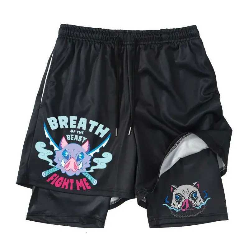 Japanese Anime Demon Slayer Peripheral Shorts Mens and Womens Summer Double Layer Beach Pants Loose Large Size Casual Shorts Y250814