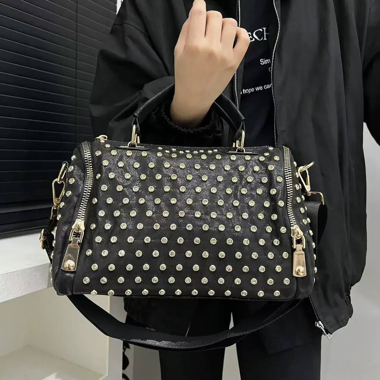 Ladies' Fashionable Gorgeous Studded Nylon Tote With Leopard Pattern And Full Dia Cylindrical Rhinestone Bag