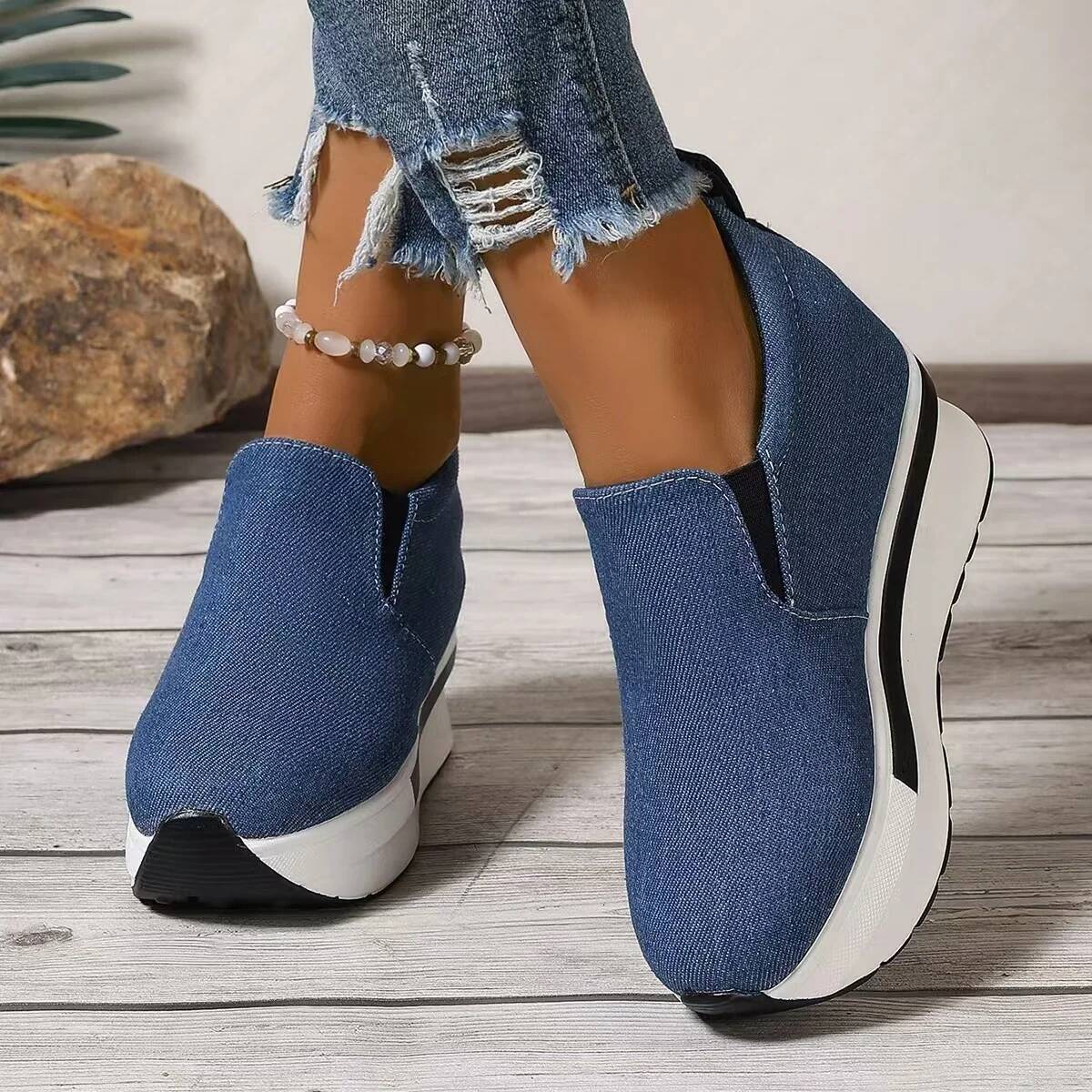Women's Height Increasing Wedges Lightweight Slip On Platform Sneakers Women Thick Sole Denim Walking Rocker Shoes Woman ddmysaturn