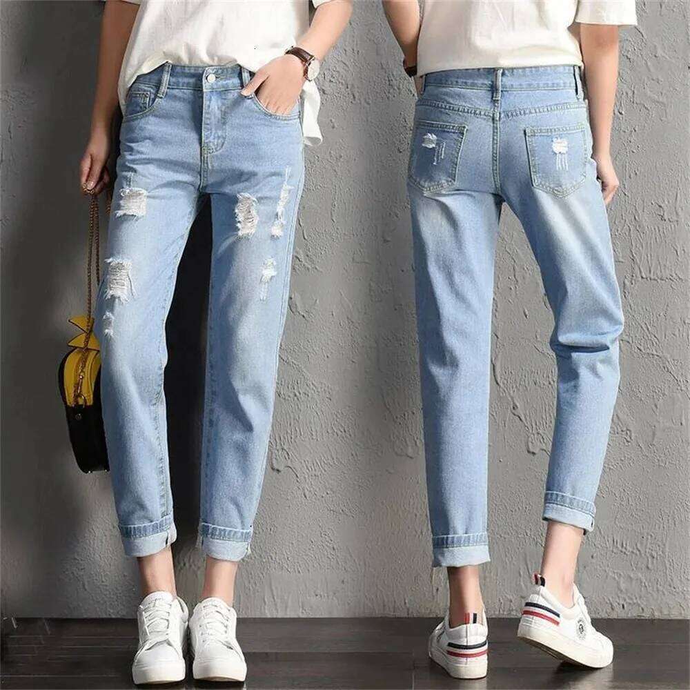 2025 Women jeans Clothing Mid Waist Boyfriend Big Ripped Hole Casual High Street Denim Pants woman Pencil Jeans y2k