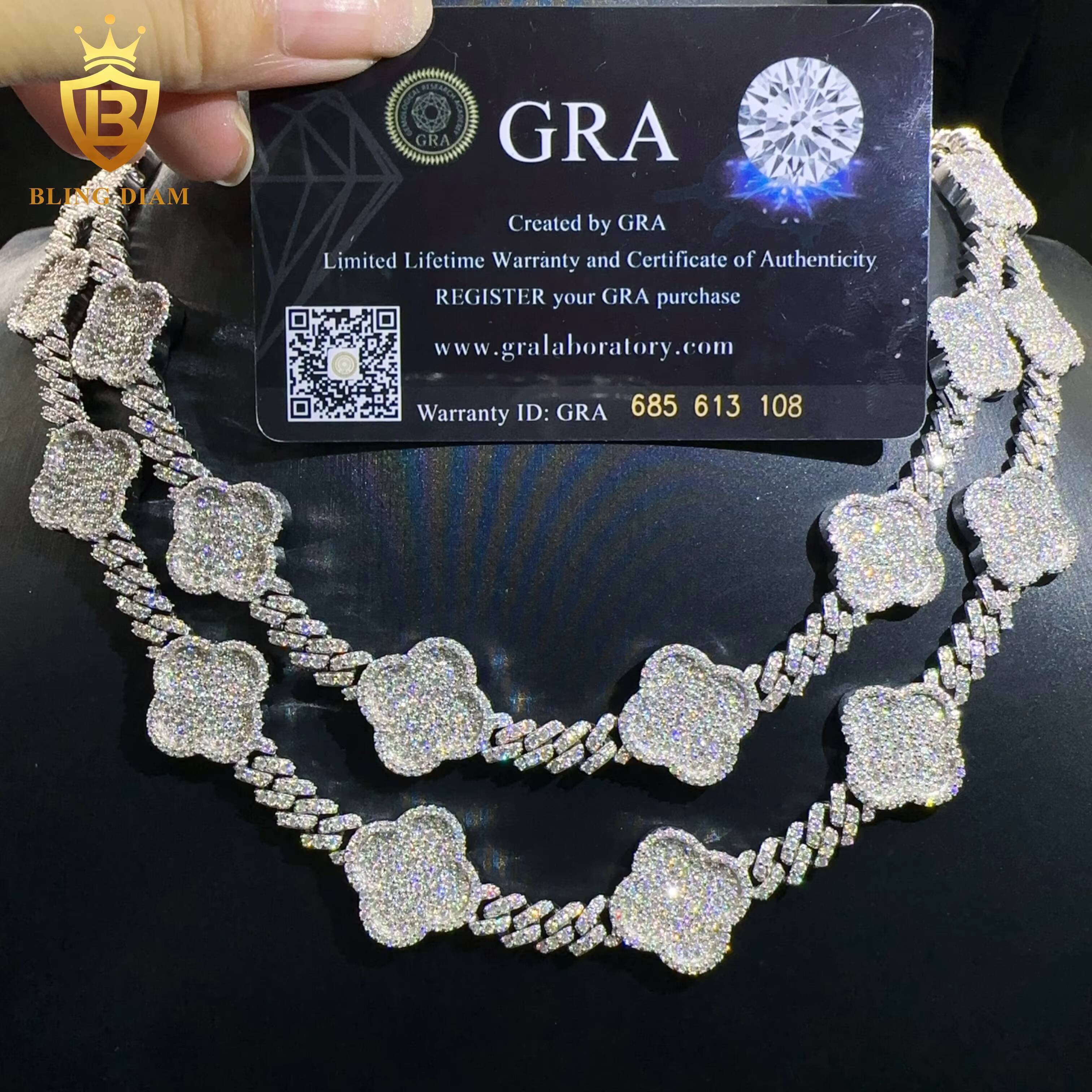 Sterling Silver Hip Hop Jewelry Cuban Necklace d Color Vvs Moissanite Iced Out Diamond Clover Leaf Cuban Link Bracelet Chain