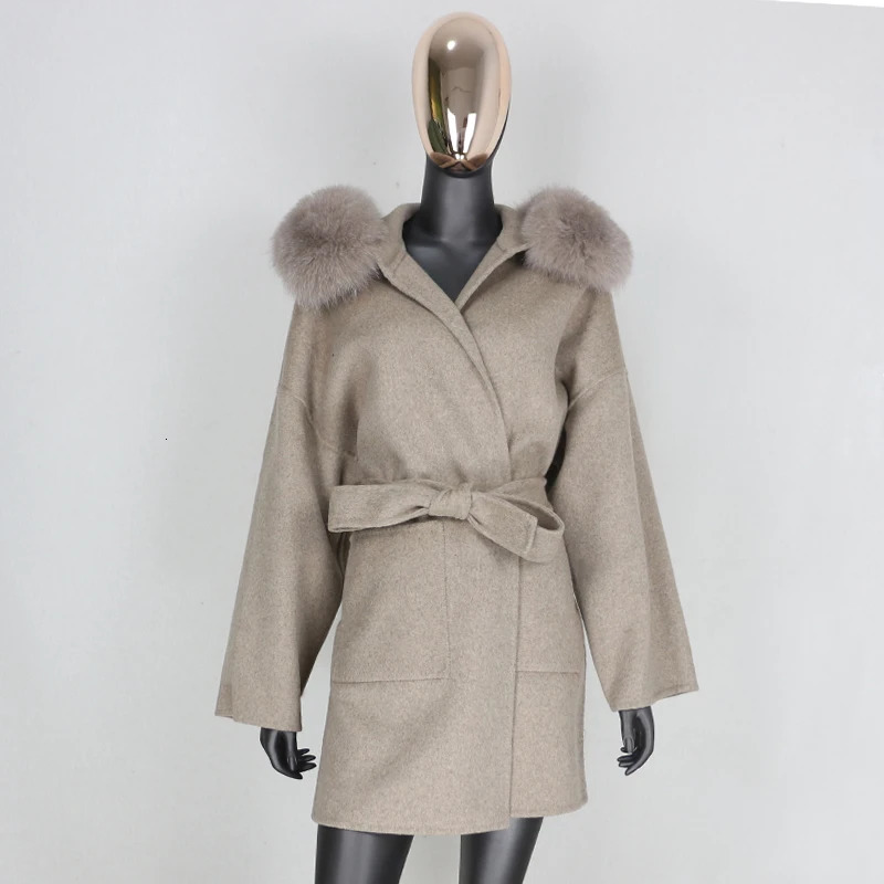 CXFS Natural Fox Fur Collar Hood Cashmere Wool Blends Fur Coat Winter Jacket Women Oversize Loose Outerwear Belt 250811