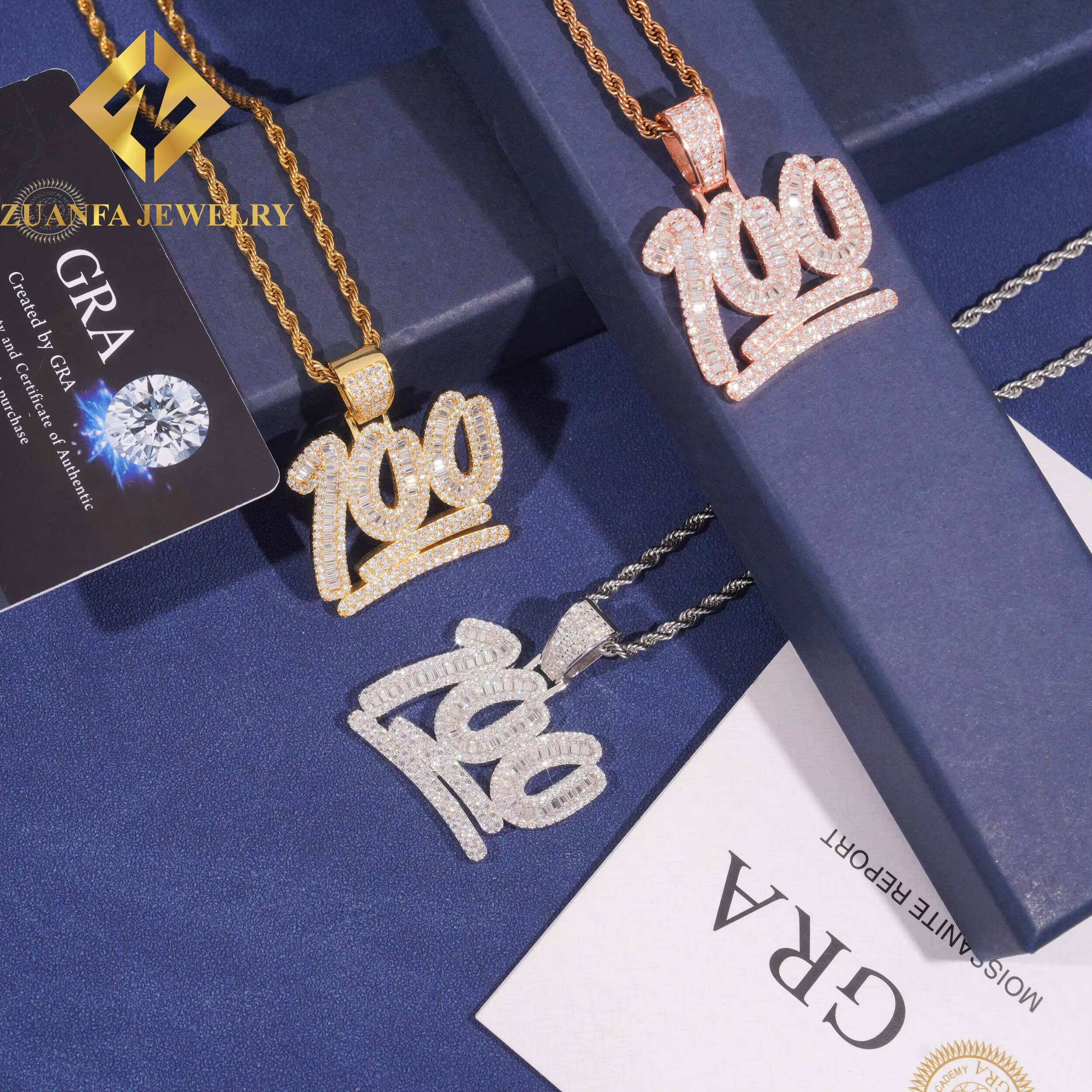 Big Size Custom Iced Out Point 100 Hip Hop Moissanite Jewelry Pendant VVS Moissanite 925 Sterling Silver Hip Hop Pendant