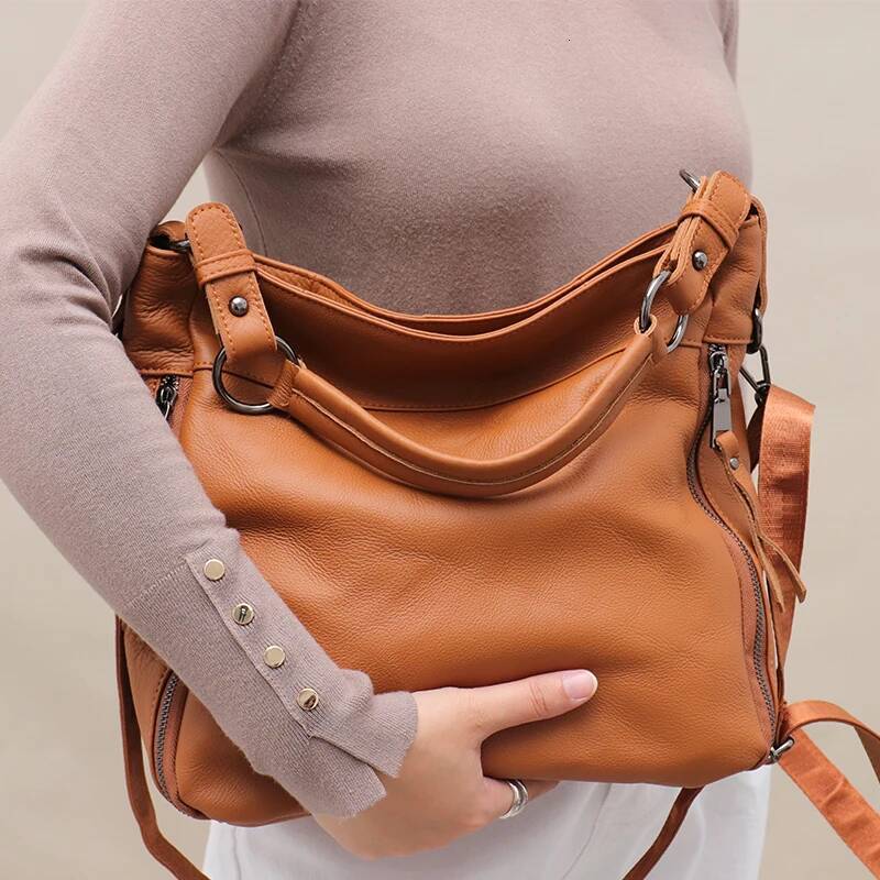 SC Large Slouchy Leather Women Shoulder Bag Lady Cowhide Multi Pockets Casual Soft Hobo Female Messenger Real Skin Handbag
