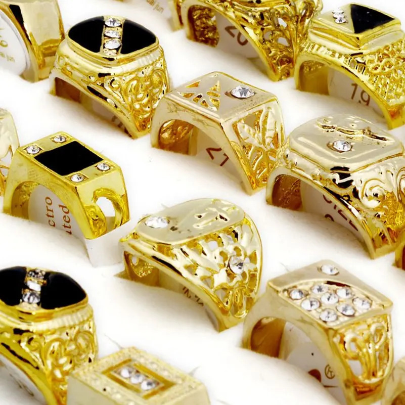 10pcs Mix Fashion Mens Ring Classic Gold Color Black Enamel Rhinestone Geometric Alloy Finger Rings for Men Wedding Party Gift 250811