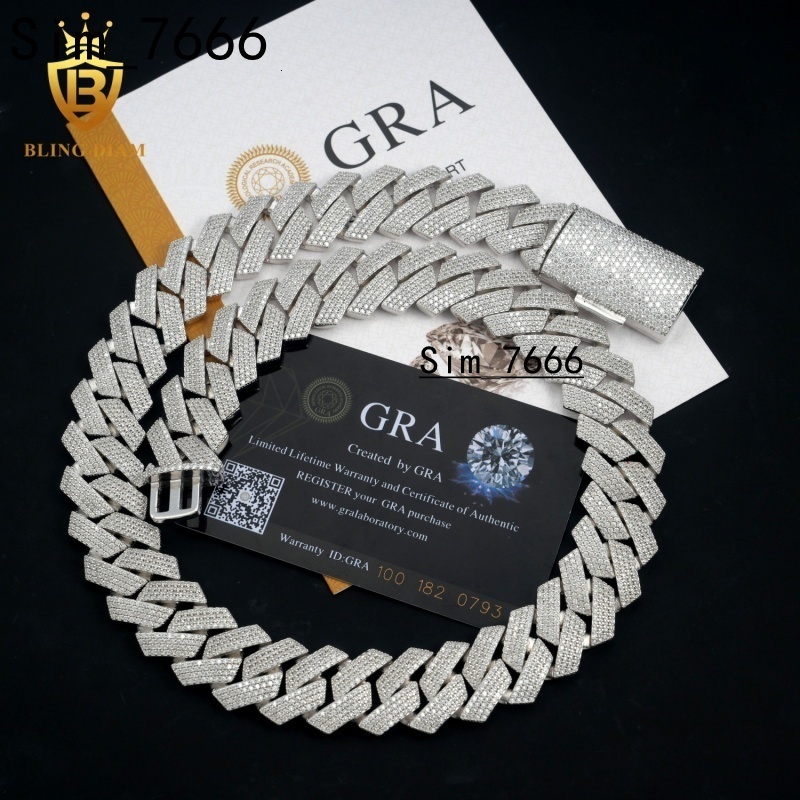 New Design 20MM Moissanite Cuban Chain Necklace High Quality Round Brilliant Cut Diamond 925 Silver