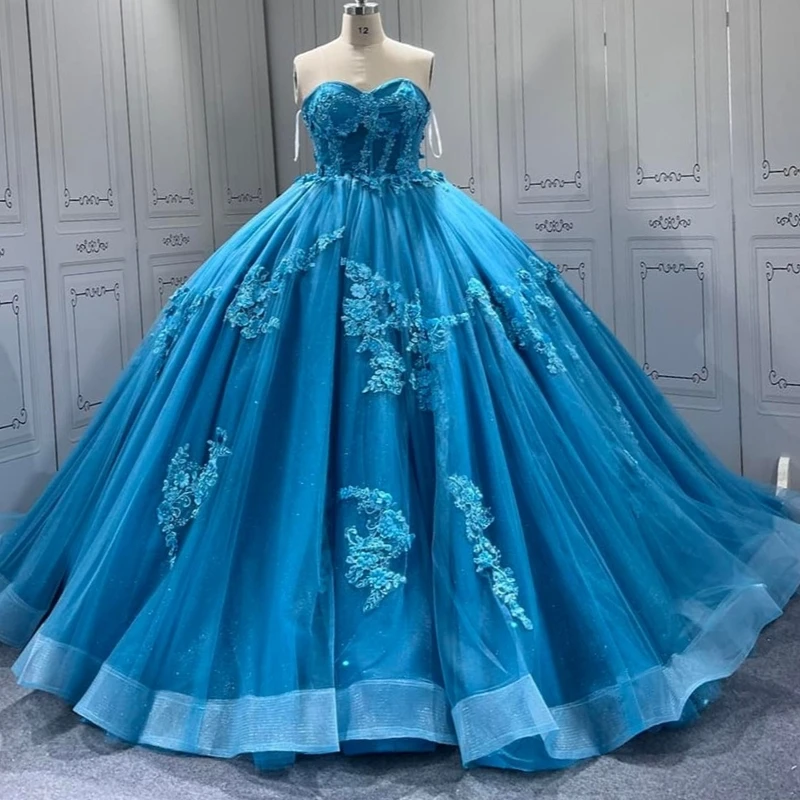 Blue Shiny Princess Sweet 16 Dress Quinceanera Dresses Off The Shoulder Applique Lace Tull Party Birthday Vestido De 15 Anos