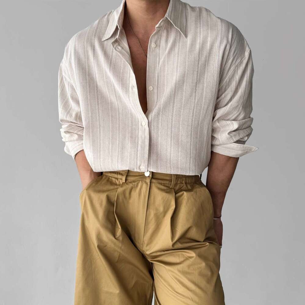 Linen Striped Long Sleeve For Men, Spring Summer Korean Style, Light And Mature Casual, Wrinkle-Free, Blue Lightweight Sun Protection Shirt B5