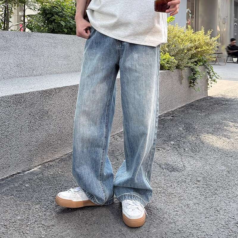 American Style Washed Blue Straight Loose Jeans Summer Men New Long Pants Casual Versatile Simple Trendy B5