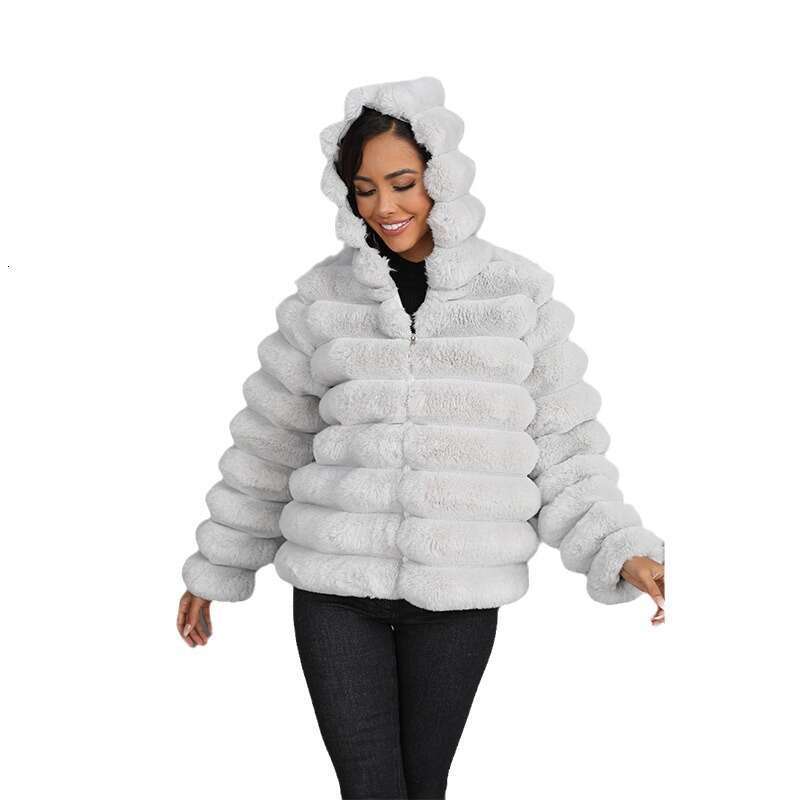 Faux Fur Women Coats Hooded Full Sleeve Short Coat Zipper Thick Warm Solid Temperament Elegant Splice Autumn Winter
