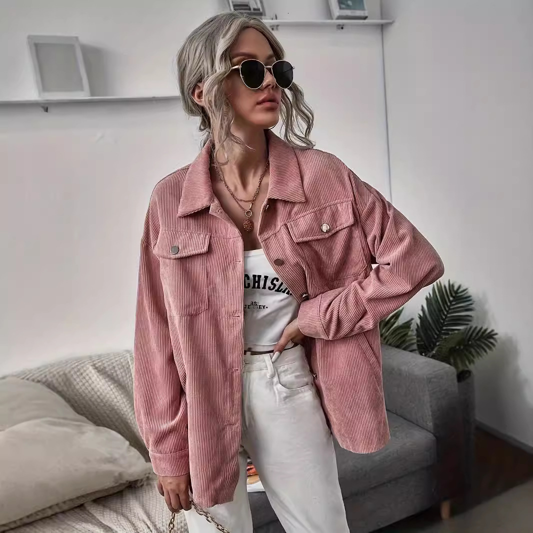 2025 Autumn New Corduroy Turn-Down Collar Pocket Single-Breasted Long Sleeve Loose Casual Shirt Jacket