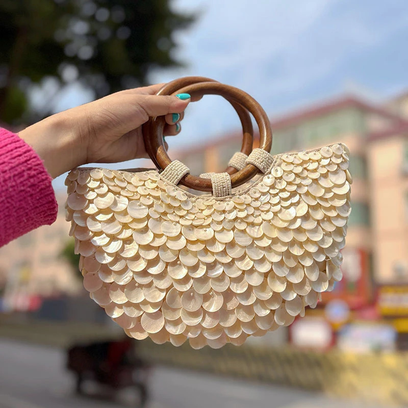 Handmade Shell Bag Unique Creative Summer Fairy Wood Handle Elegant Banquet Commuting Versatile Handbag 250809