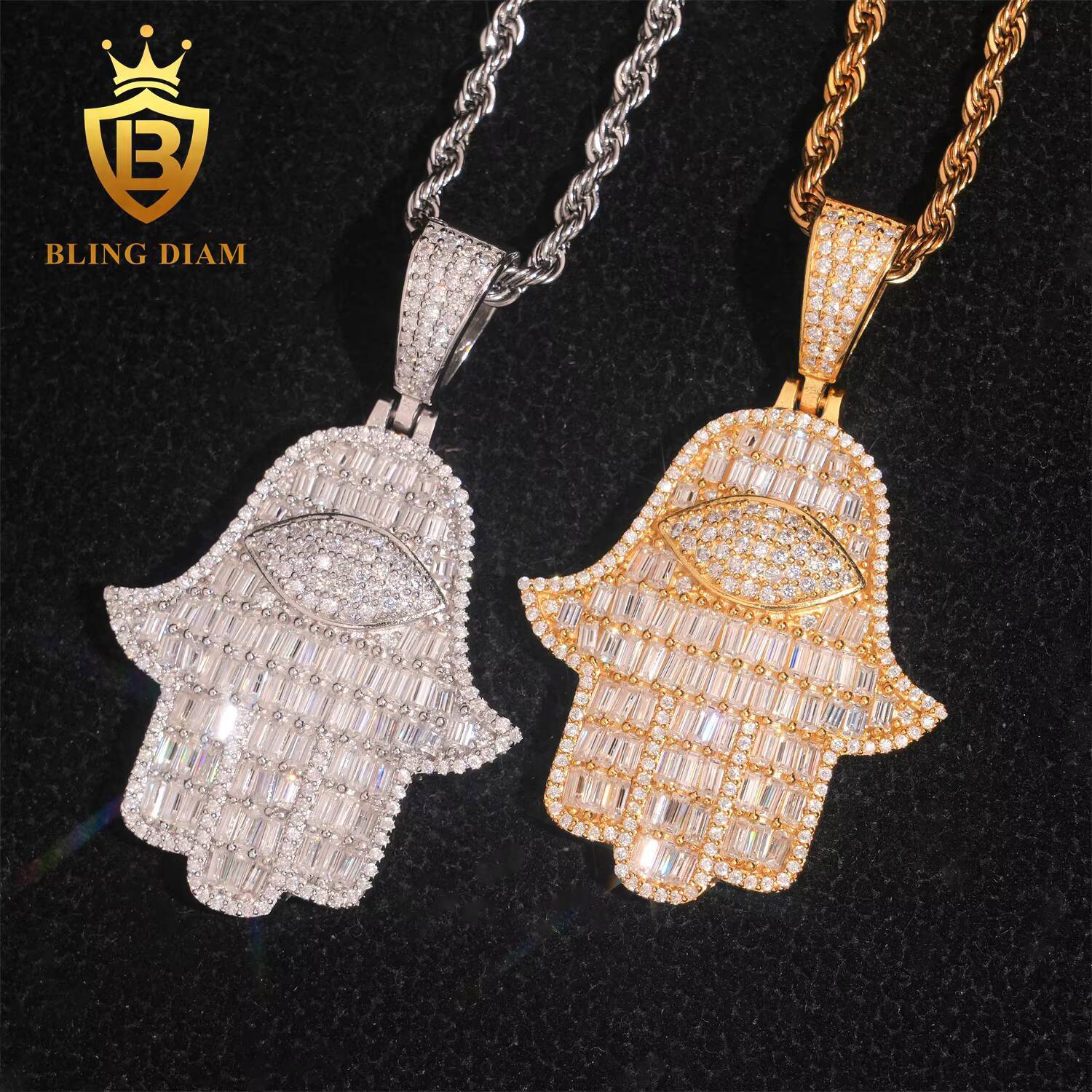 Ready to Ship Iced Out Jewelry Fatima Pendant 925 Silver Moissanite Hip Hop Jewelry Hip Hop Hand Pendant