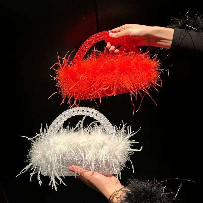 Designer bag 52 Box Shape Pearl Handbag Ostrich Feather Fur Evening Bead Mobile Phone Crossbody Hollow Out Underarm Bag