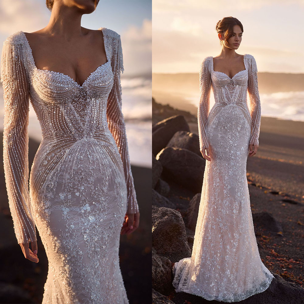 Sparkly Mermaid Wedding Dress Sweetheart Neck Long Sleeves Bridal Gowns Sequins Lace Beaded Sweep Train Dresses Custom Made vestidos de novia
