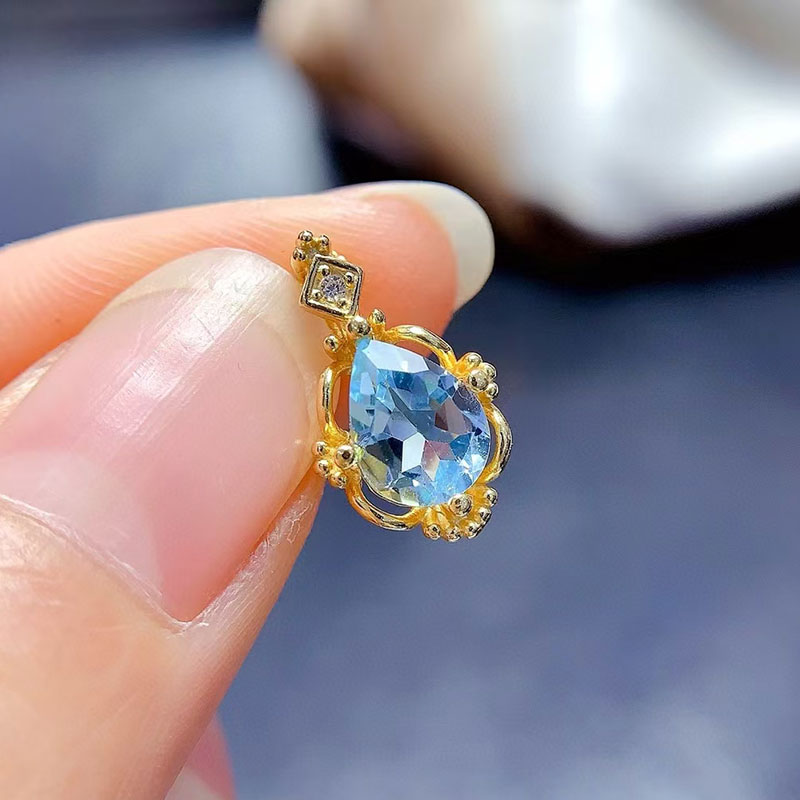 Solid 925 silver necklace pendant natural topaz pendant 6mm*8mm genuine light blue topaz jewelry 18K gold plated gemstone jewelry