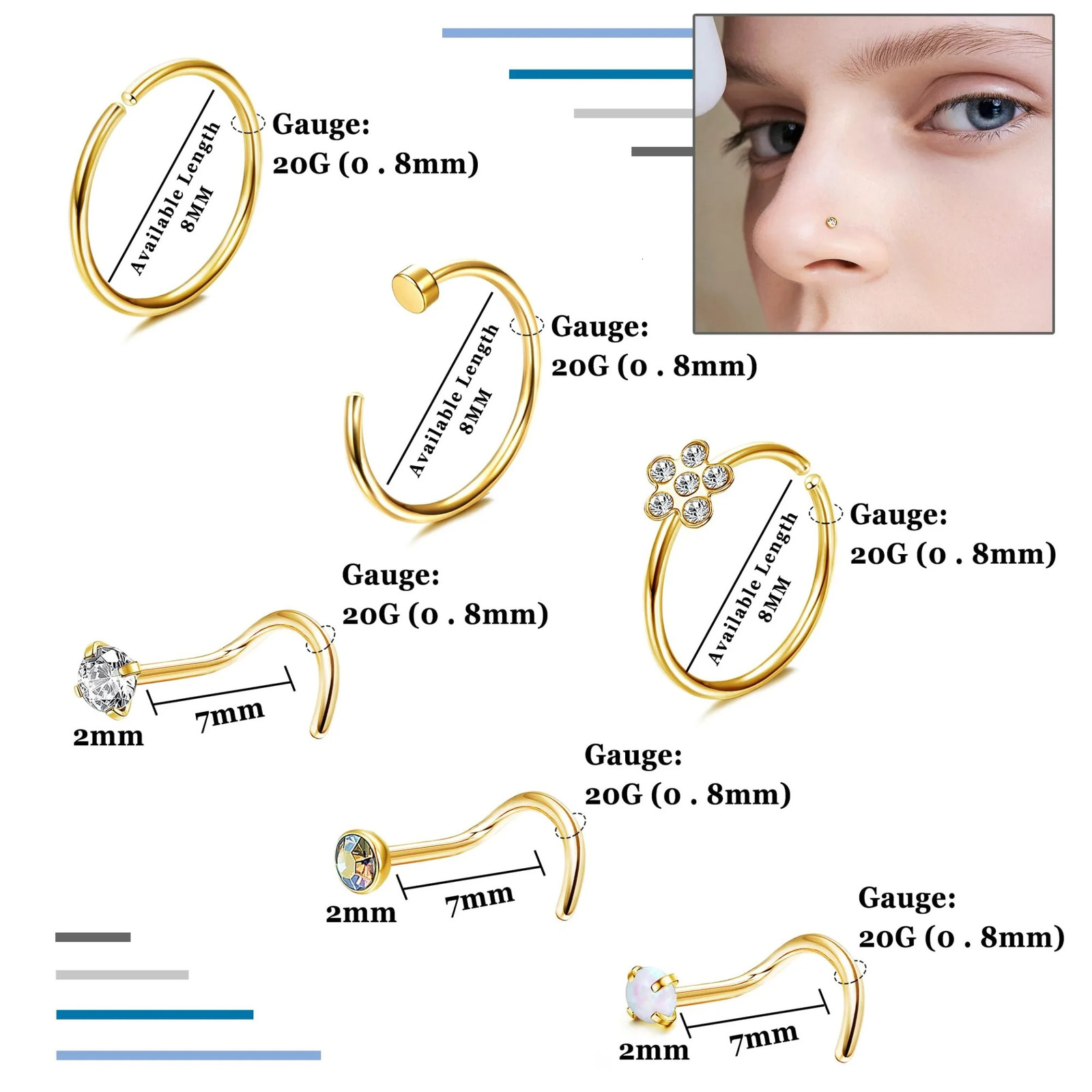 26 Pcs 20G Nose Ring Nose Stud Steel Nose Piercings Set CZ Shiny Septum Piercing Jewellery for Women Men 250807