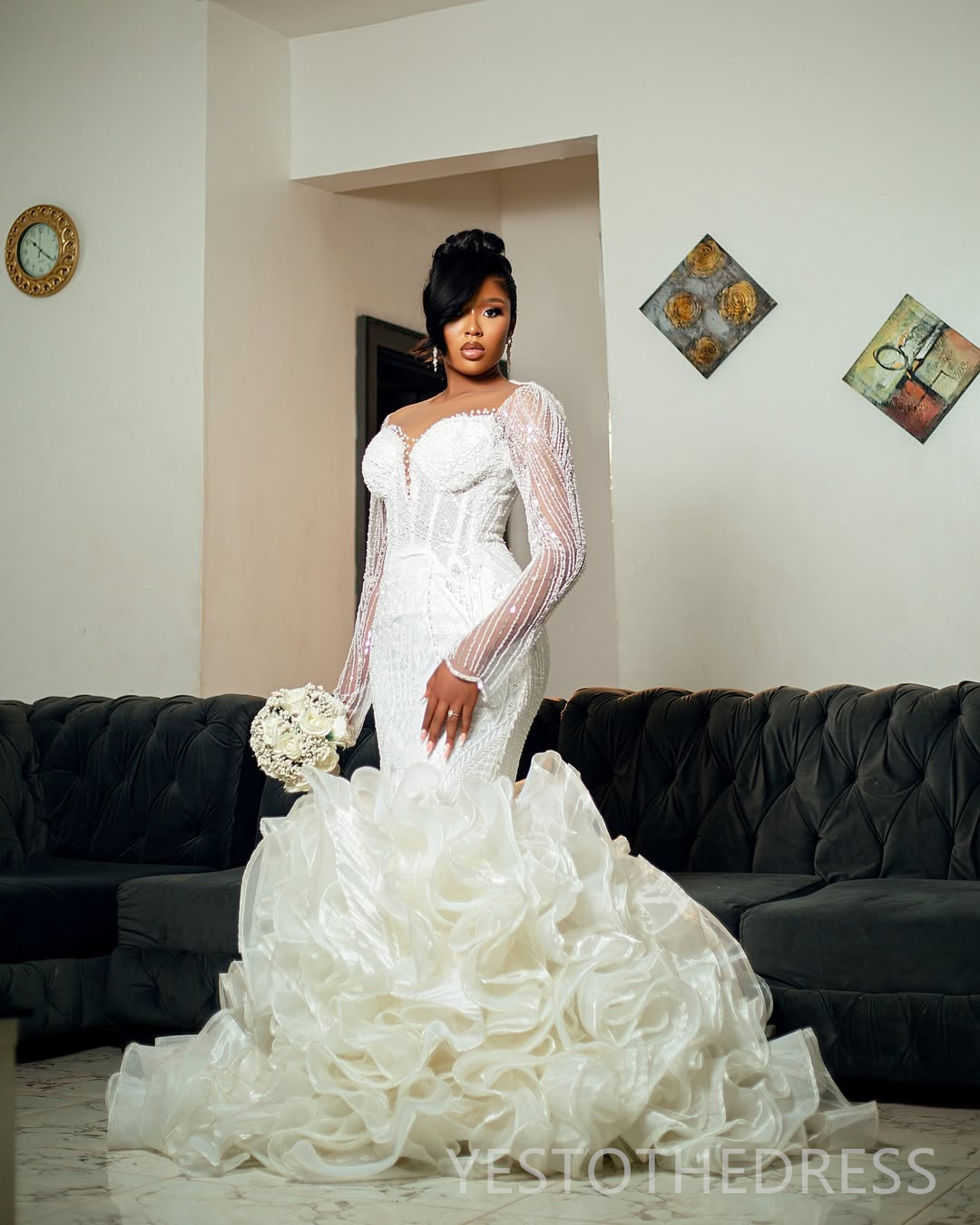 2025 Aso Ebi African Wedding Dress Bridal Gowns For Bride Mermaid Sheer Neck Detachable Train Lace Pearls Tiered Pleat Wedding Gowns For Black Women D