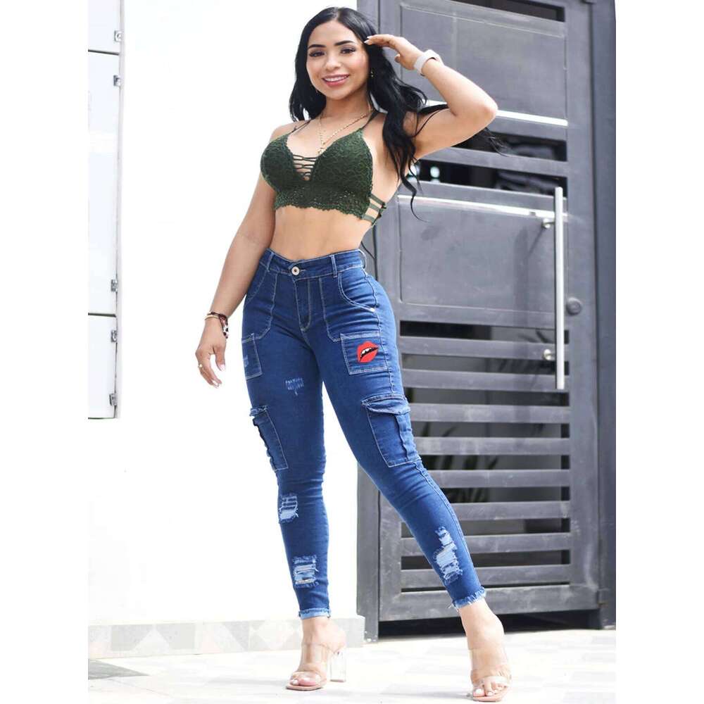 Women's Blue Elastic Jeans With Waist And Hip Lift Tight Little Fee Hairy Edges Sexy Overalls Multi-pocket Pants Lipstick Print