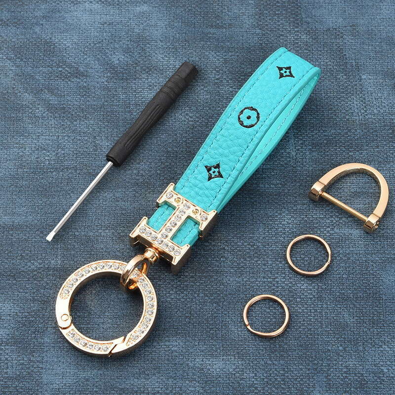 New Style Dia-Encrusted Zinc Alloy Car Woven Metal Key Ring Accessories Chain Leather Rope Keychain