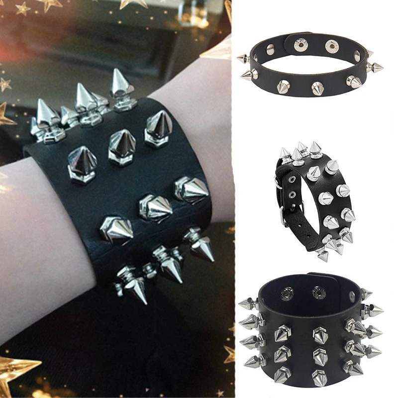 Punk Bracelet for Men Women Goth Black Leather Wristband with Metal Spike Studded Spike Rivets Cuff Bangle Adjustable 250812