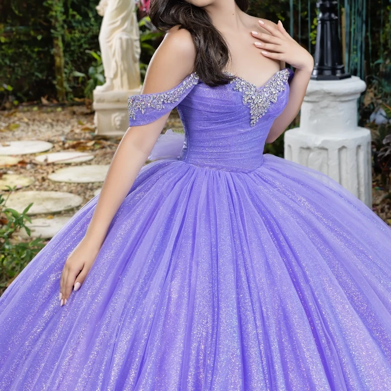 Lavender Shiny Ball Gown Quinceanera Dresses Off the Shoulder Beading Crystal Tull Party Birthday Vestidos 15 Anos Sweet 16 Dress