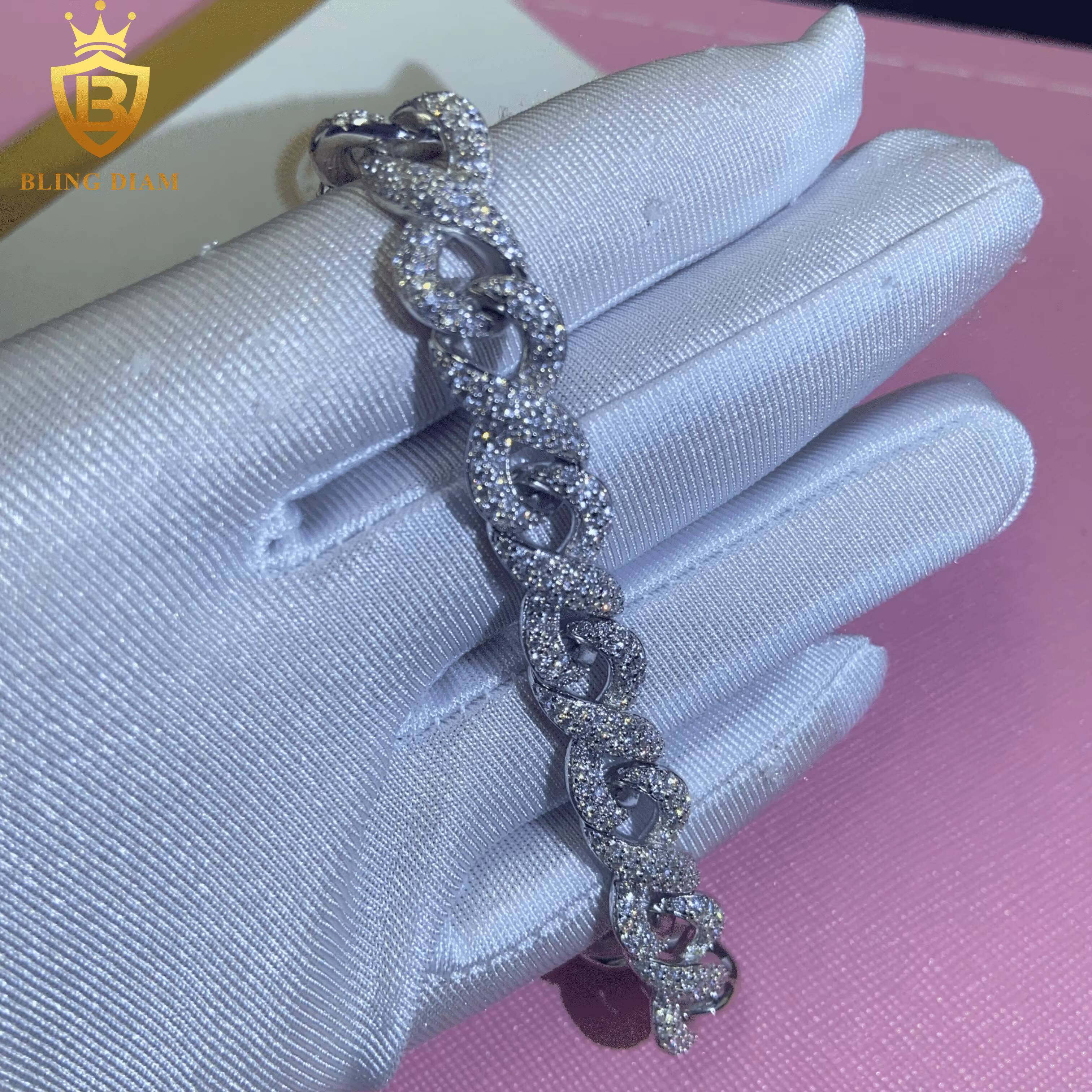 New Design Fashion 925 Eight-Character Chain Moissanite Cuban Bracelet Men Women Hip Hop Style Pass Diamond Tester 10mm with GRA