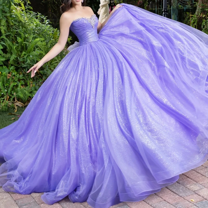 Lavender Shiny Ball Gown Quinceanera Dresses Off the Shoulder Beading Crystal Tull Party Birthday Vestidos 15 Anos Sweet 16 Dress
