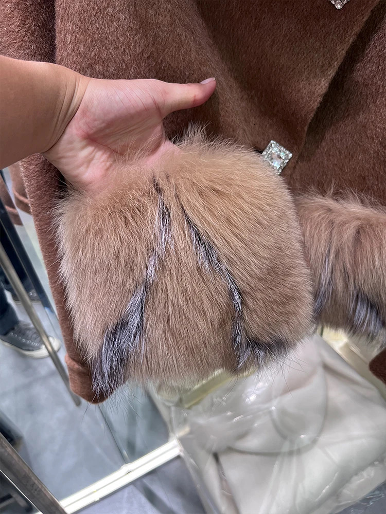 Winter Cashmere Wool Woolen Jacket Fur Coat Women Natural Fox Fur Pocket Ladies Outerwear Female Coat 250811