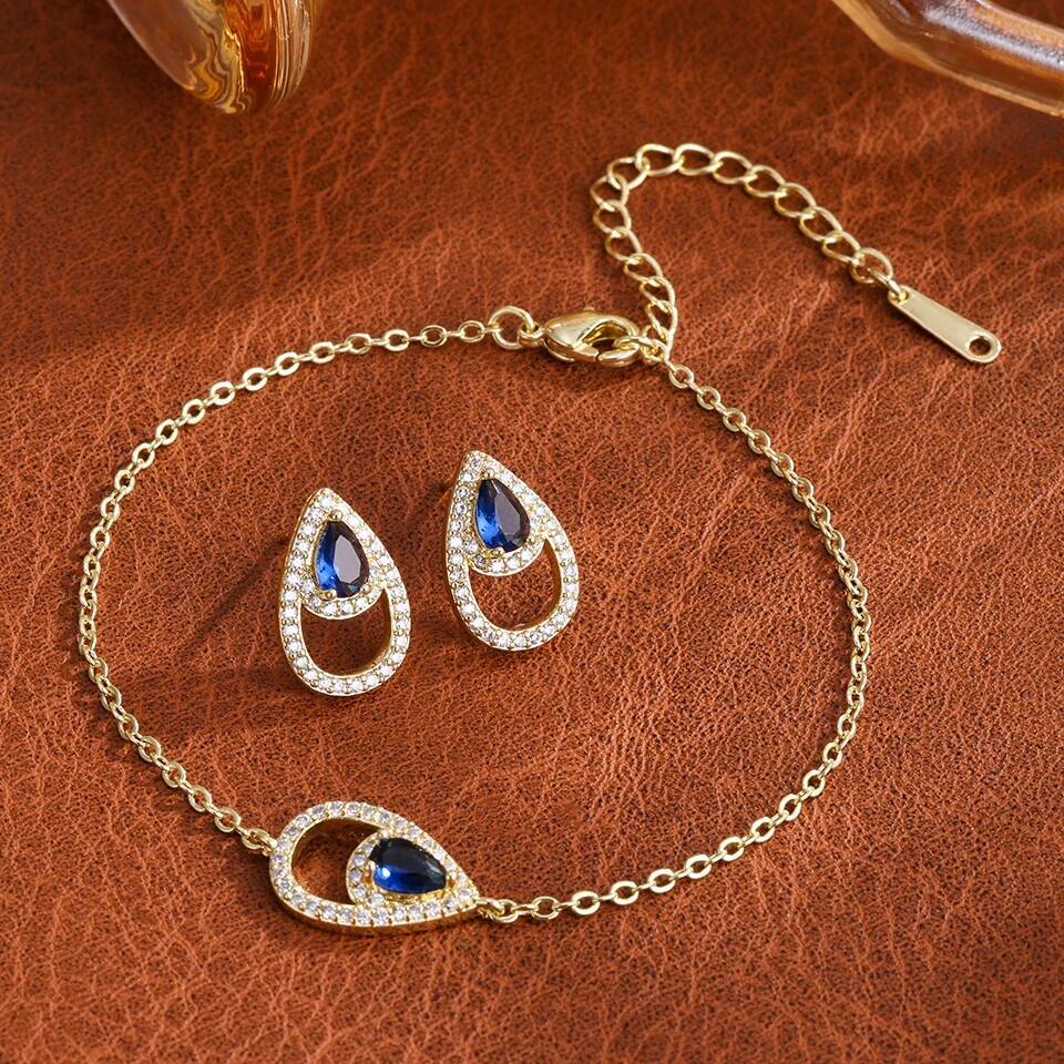 Blue Water Drop Zircon Earring Bracelet Set Micro Pave Cubic Zirconia Fashion Women Jewelry Sets Gift