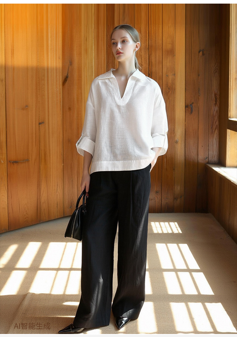 Old Style Pure White V-Neck Long Sleeve Shirt for Women, New Autumn and Winter Linen Loose Shirt, High-End Relaxed Top