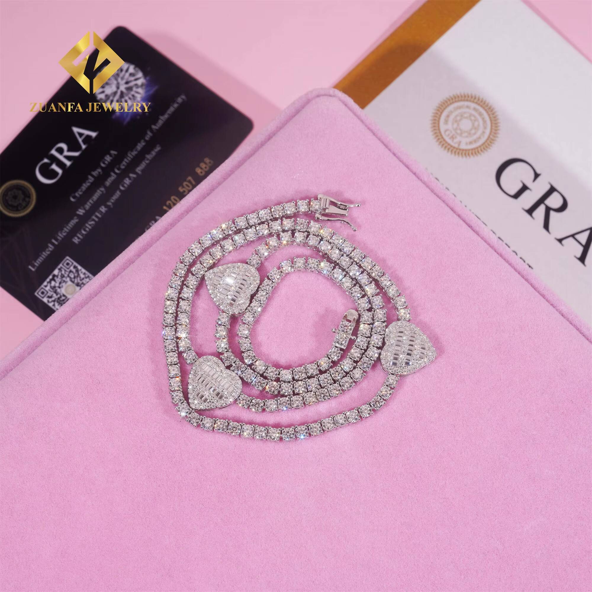 GRA Certificate Elegant Women Gift Jewelry 3mm 925 Sterling Silver Iced Out VVS1 Moissanite Diamond Heart Cluster Tennis Chain