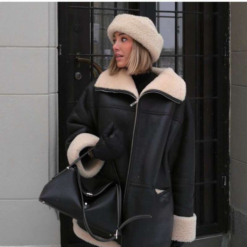 Women's Clothing 2024 Autumn Winter New Fashion Cashmere Fur Collar Composite And Leather Jacket