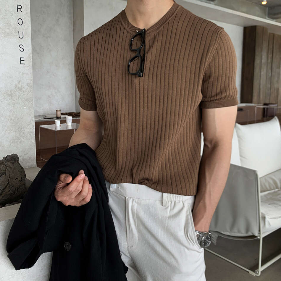 Summer T-Shirt Short Sleeve Knit Shirt Stretch Style Loose American Korean Dongdaemun Men's Fashion Top B5