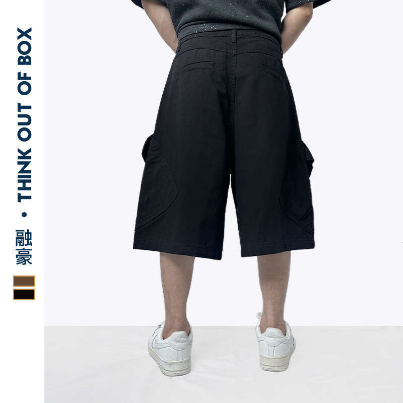 American Floral Embroidery Seven-Point Casual Cargo Wide-Leg Loose Versatile Large Pocket Couple Style Shorts B5