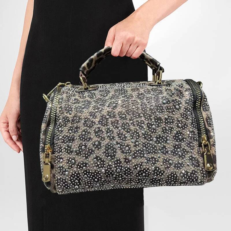 Ladies' Fashionable Gorgeous Studded Tote Bag With Leopard Pattern And Full Dia Cylindrical Handbag