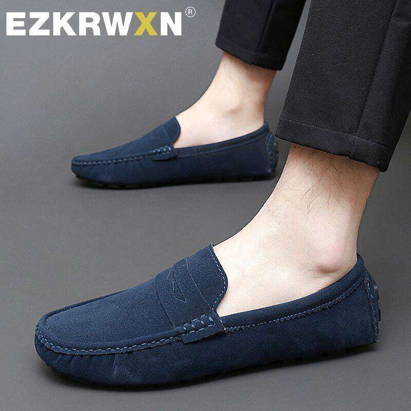 Loafers Men Handmade Leather Blue Casual Driving Flats Slip-On Boat Plus Size 47 48 Lazy Shoes