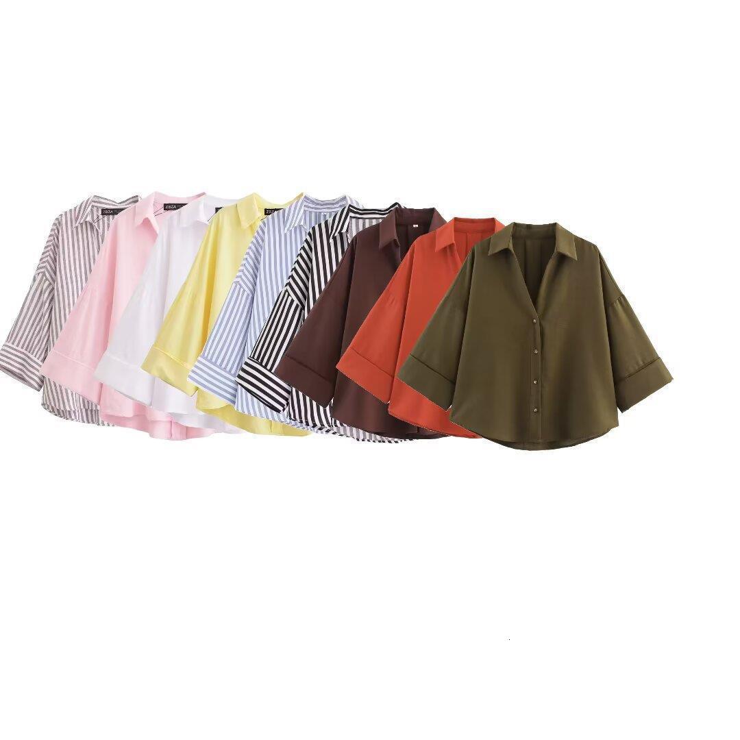 Versatile Fashion Casual Womens Striped Wide Sleeve Cotton Linen Turn-Down Collar Spring Summer Shirt 210507