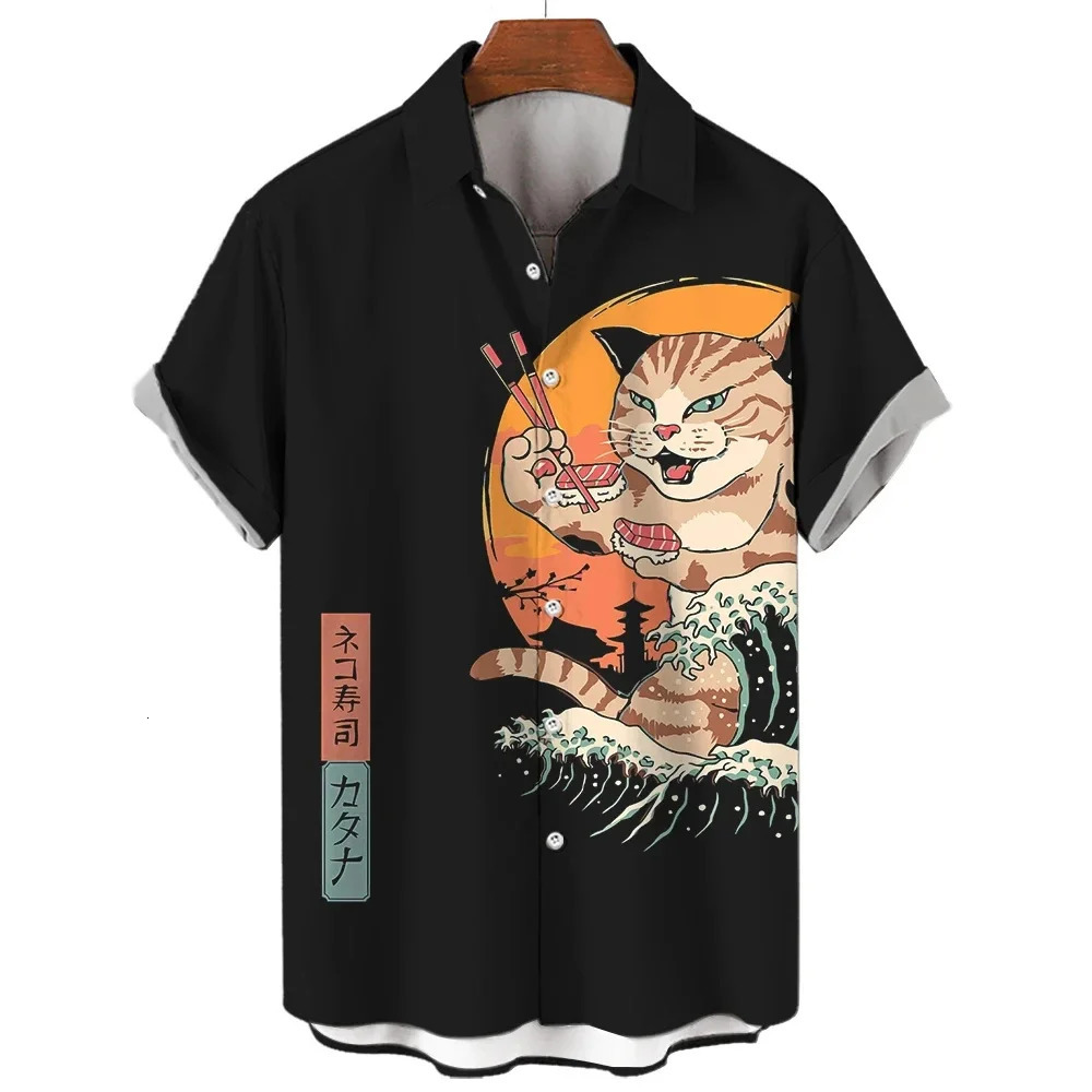 Fashion Mens Clothing Cool Samurai Cat Tops Summer Casual ShortSleeved Anime Loose Blouse Hawaiian Shirts 250804