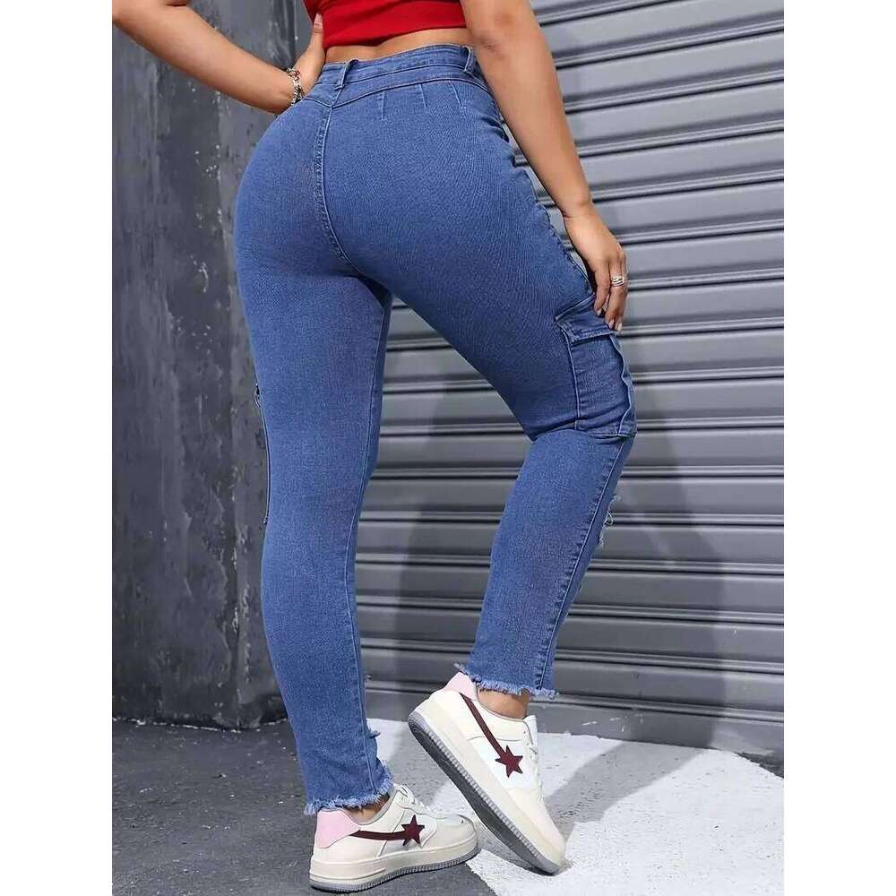 Women's Blue Elastic Jeans With Waist And Hip Lift Tight Little Fee Hairy Edges Sexy Overalls Multi-pocket Pants Lipstick Print