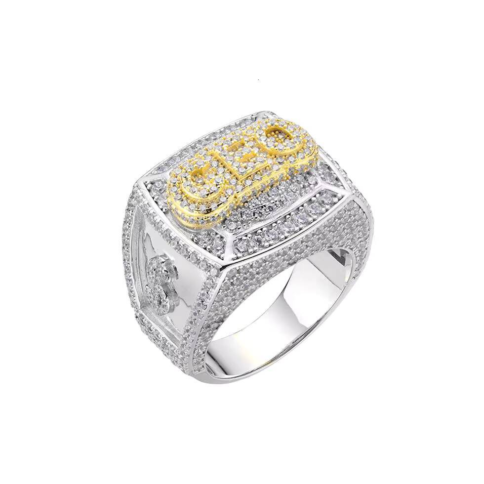 Hip Hop Fine Jewelry Iced Out Moissanite Dia Gold Plated Real Sterling Sier CEO Letter Dollar Signs Rings for Men
