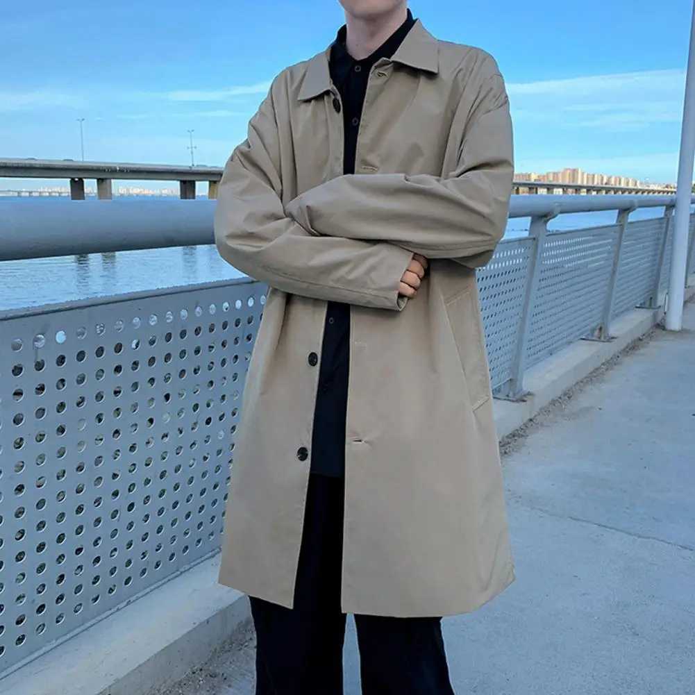 Versatile Men Outerwear Casual Mid-Length Outwear Stylish Mens Lapel Windbreaker Coat with Double Breasted Design Pockets W250815