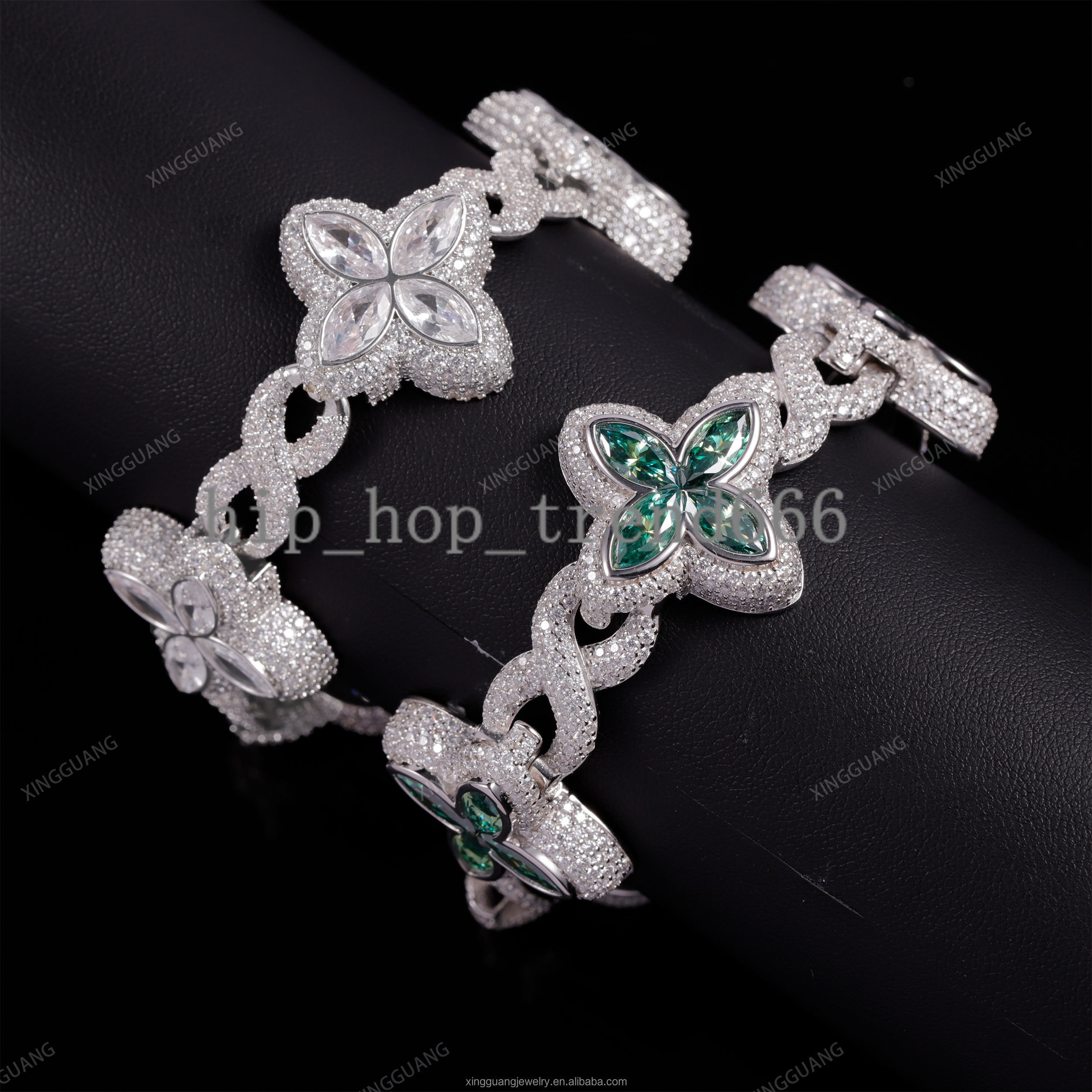 New Trendy VVS Diamond Infinity Link Cuban Bracelet 925 Silver Gold Plated Green Moissanite Clover Cuban Bracelet for Men Women