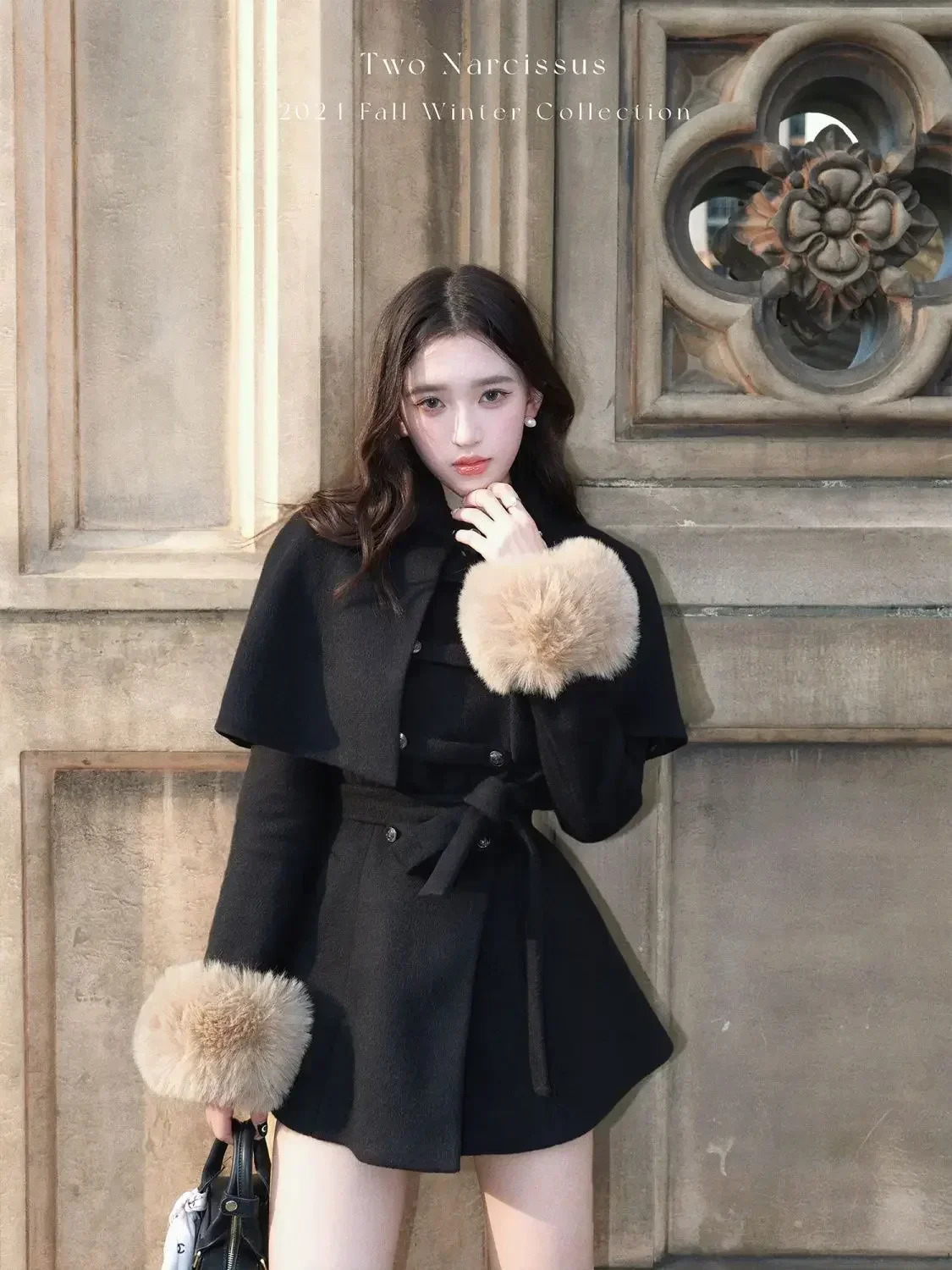 French Socialite Detachable Cloak Fur Sleeves Woolen Coat Women Tops Lace up Waist Slimming Winter Clothes Retro Winte Coat 250811