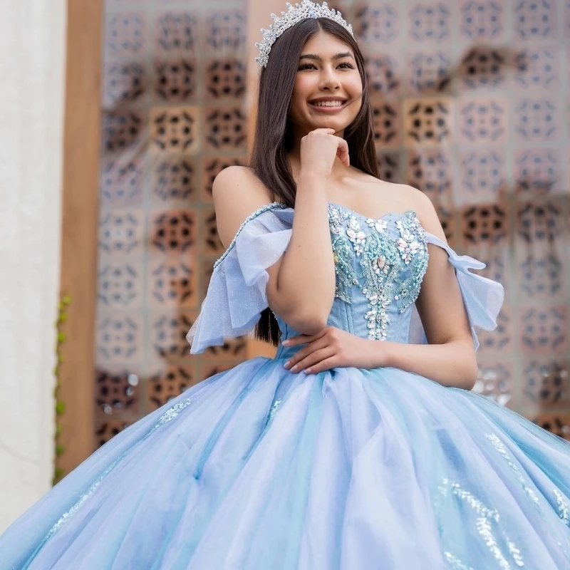 Sky Blue Shiny Princess Sweet 16 Dress Quinceanera Dresses Off The Shoulder Sequin Applique Beading Crystal Tull Party Birthday Vestidos 15 Anos