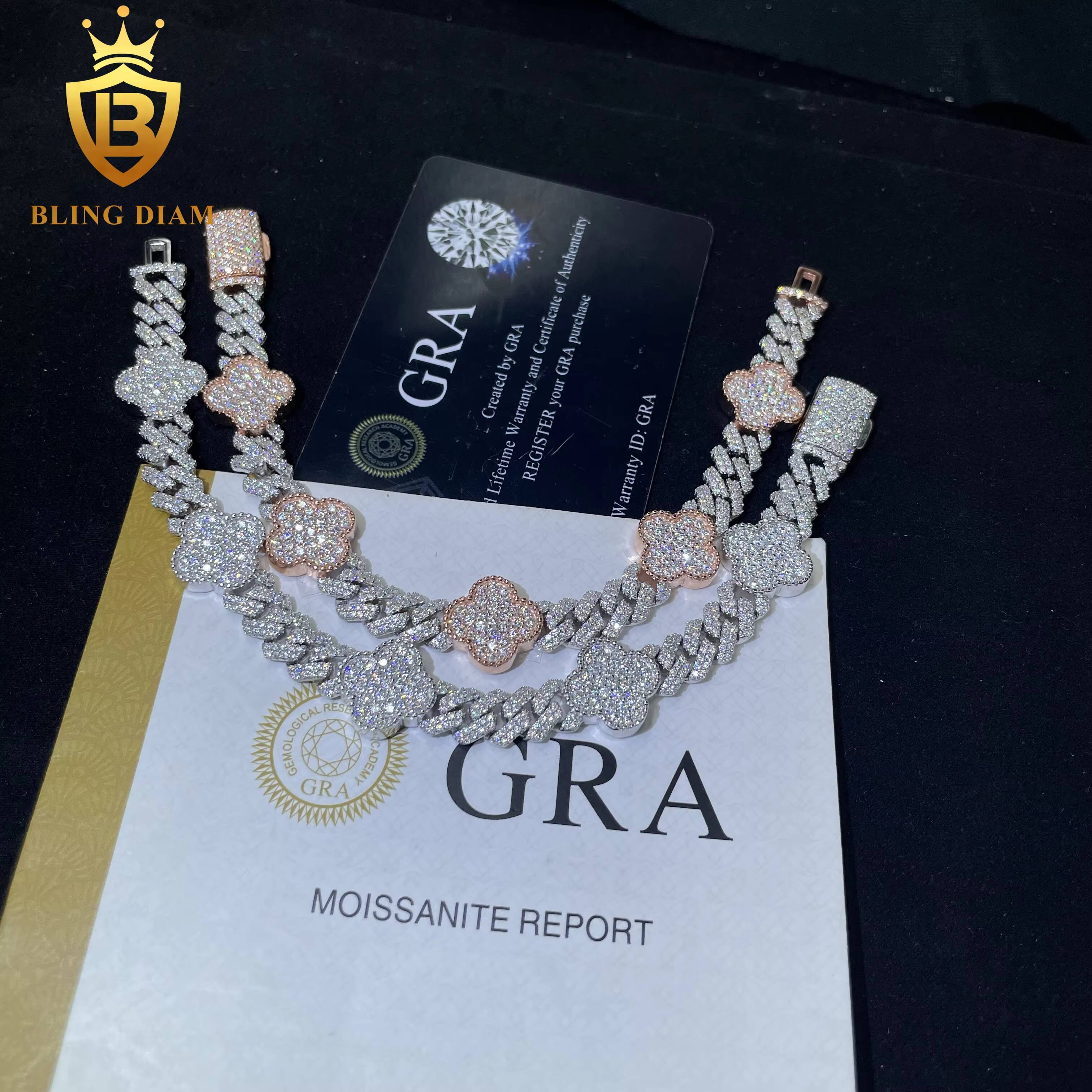 Hot Sale Hip Hop Moissanite 8mm Clover Cuban Bracelet Clover Shape Moissanite Cuban Bracelet Men Women